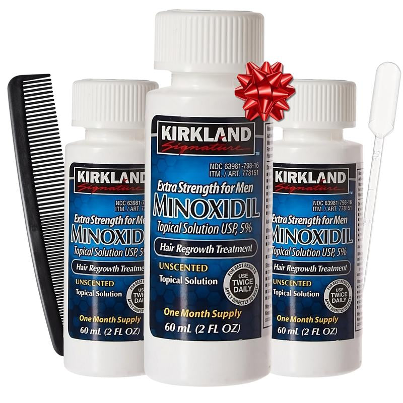 Kirkland Signature Minoxidil Liquid Extra Strength Hair Loss Regrowth Treatment for Men, 5% Topical Solution, Dropper and Comb Included