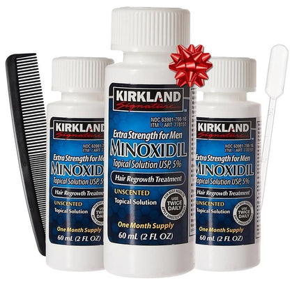 Kirkland Signature Minoxidil Liquid Extra Strength Hair Loss Regrowth Treatment for Men, 5% Topical Solution, Dropper and Comb Included